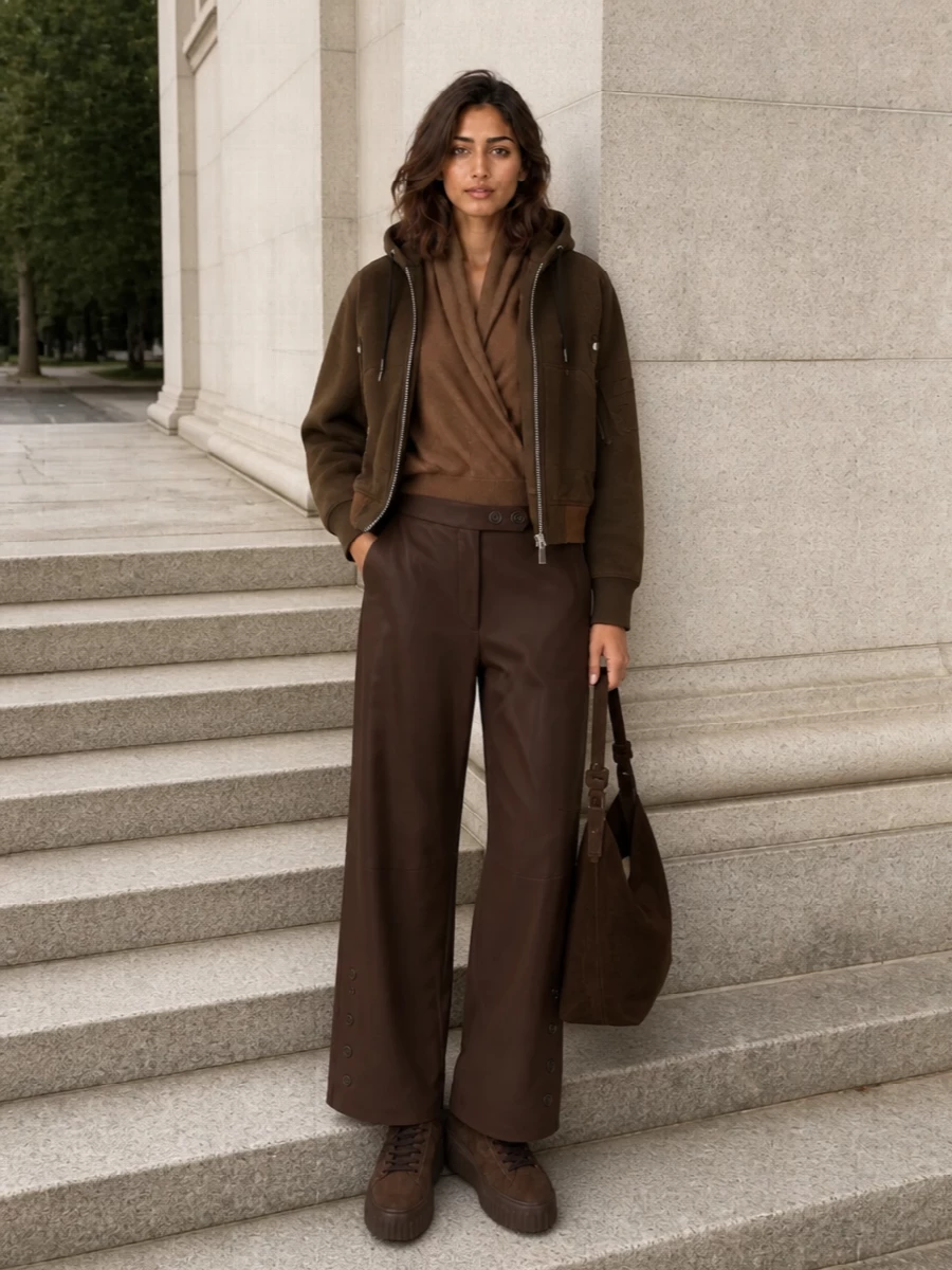 I’m building around the trouser path here, not the dress, to let the Sacai bomber stay the clear hero while the rest of the outfit remains clean and tonal. Camel and chocolate sit in the same warm spectrum as its olive-tobacco mix, so the wrap knit, tailored wide leg, suede platform sneakers and bucket bag read as one continuous minimalist city uniform with a subtle utility edge.
