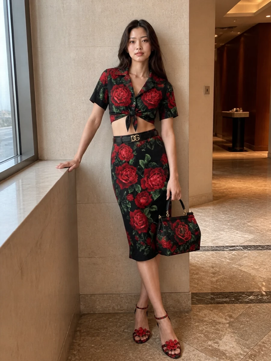A pure Dolce rose story, this outfit turns the cropped tie-front shirt and matching pencil skirt into a sculpted, hyper-feminine column in black, crimson and leaf green. Rose-print stilettos and a structured floral top-handle bag keep the drama focused and cinematic, while a slim black DG belt carves out the waist for a precise, polished finish.