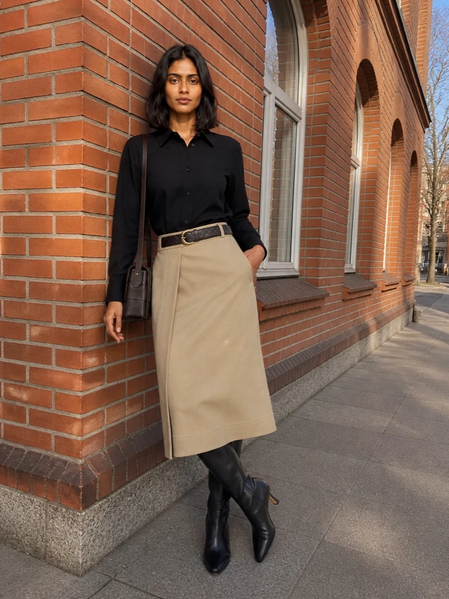 A camel wrap skirt is grounded with a sharply tailored black shirt and slim black knee boots, creating a long, decisive line. Dark chocolate leather at the shoulder and hints of camel and burgundy at the waist keep the palette rich but controlled. It is a quiet power pairing that moves easily from client meetings to a late reservation without a change of tone.