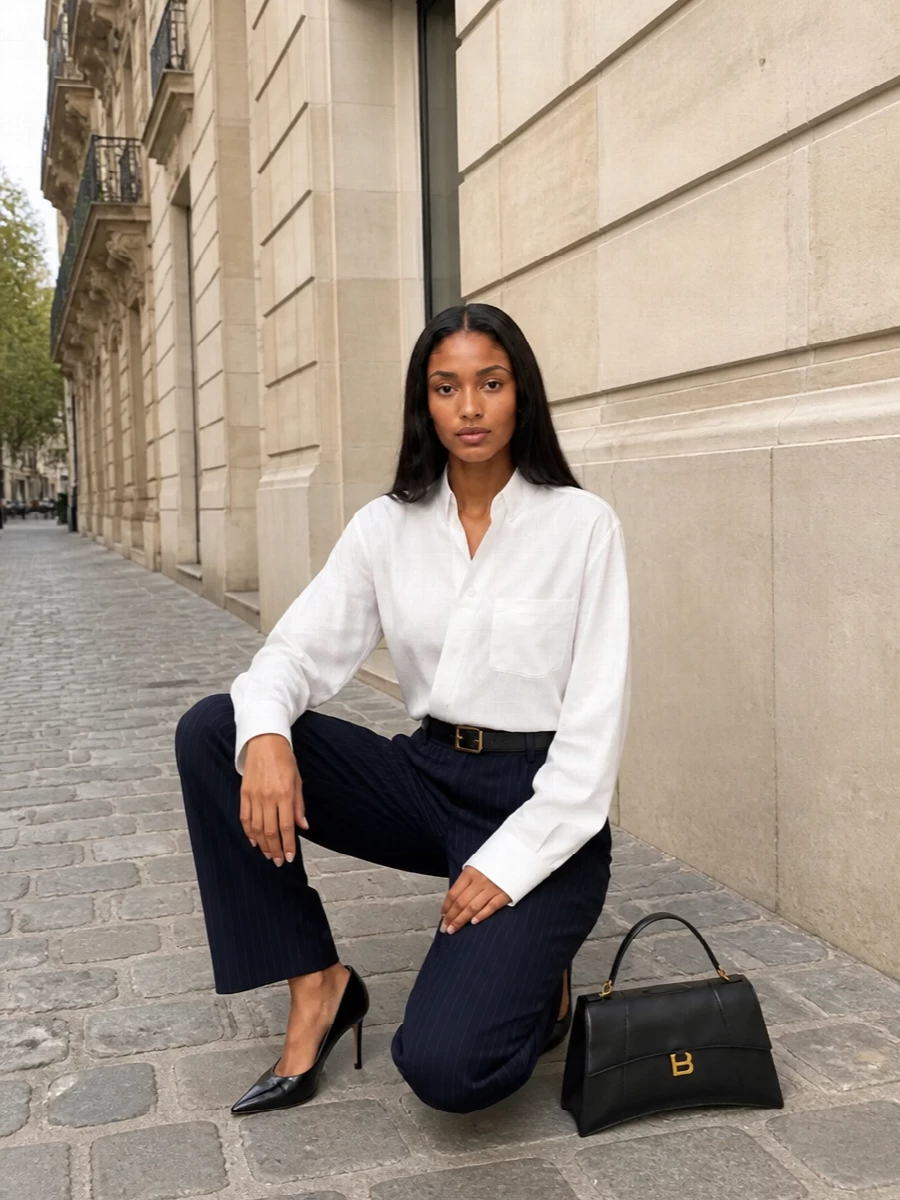 Balenciaga pinstripe trousers asymmetric shirt outfit