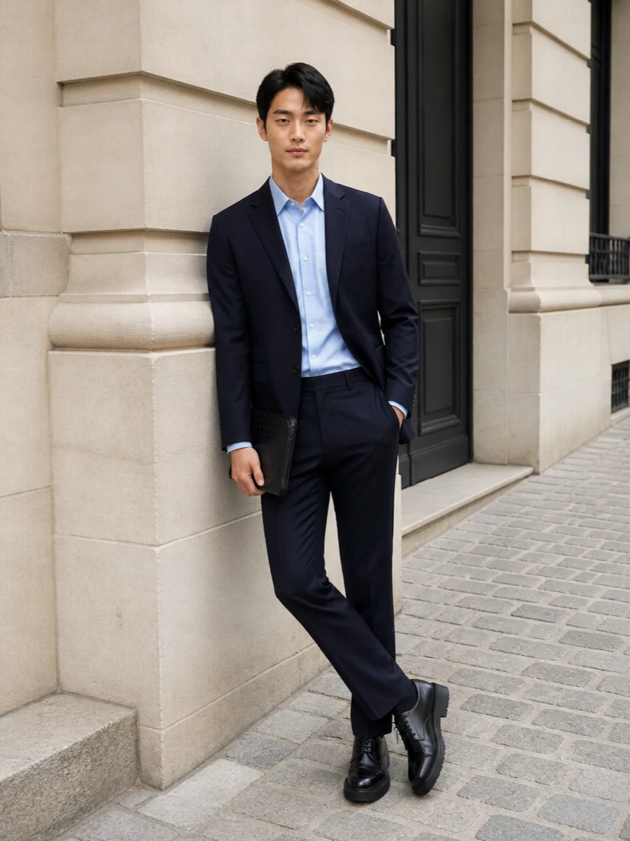 Prada navy blazer blue shirt trousers outfit