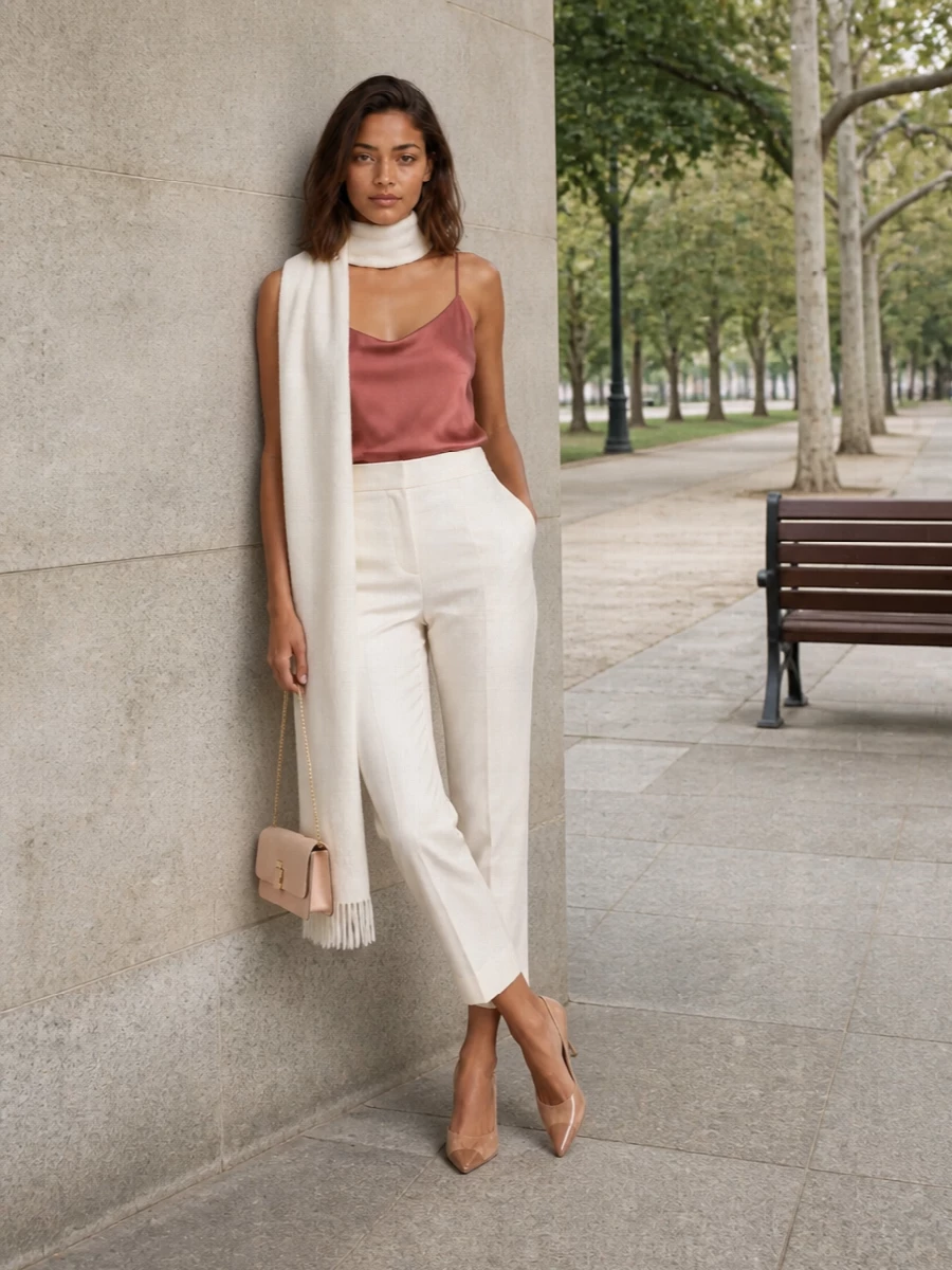 Max mara satin camisole ivory trousers outfit