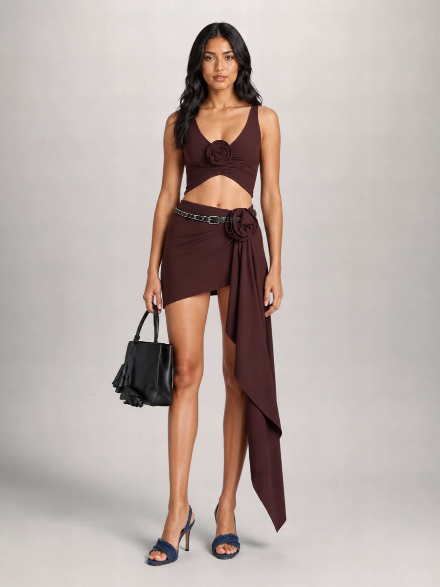 Magda Butrym Denim Draped Floral Low-Rise Mini Skirt