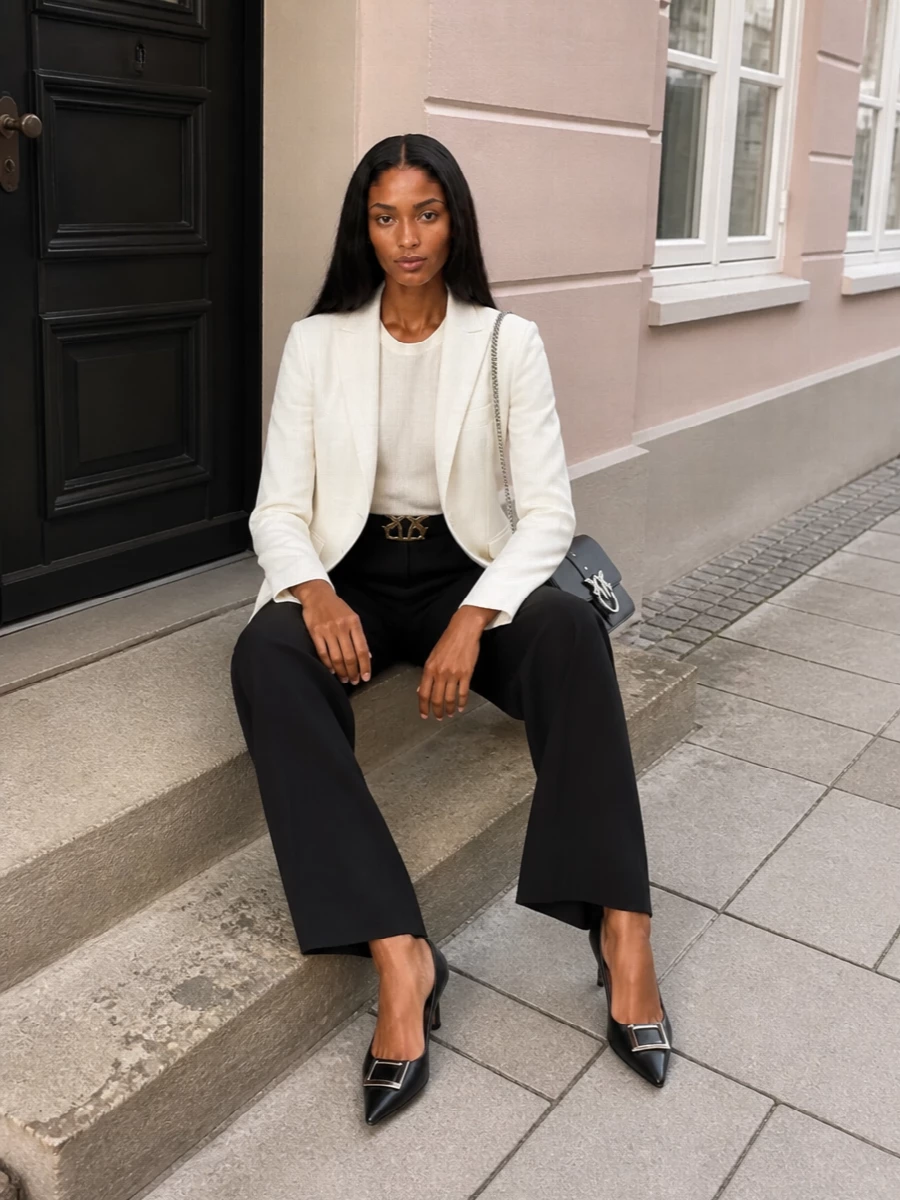 An ivory tailored jacket against black wide-leg trousers gives a crisp, elongated line that feels equally right for a client meeting or a late dinner. The pointed pumps, compact shoulder bag and slim belt keep everything sharp but understated, so the focus stays on proportion and clean contrast.