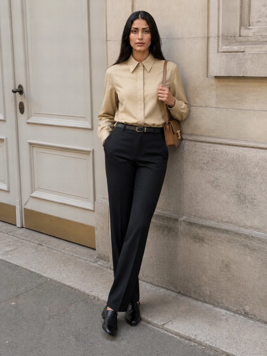Celine camel shirt black trousers outfit