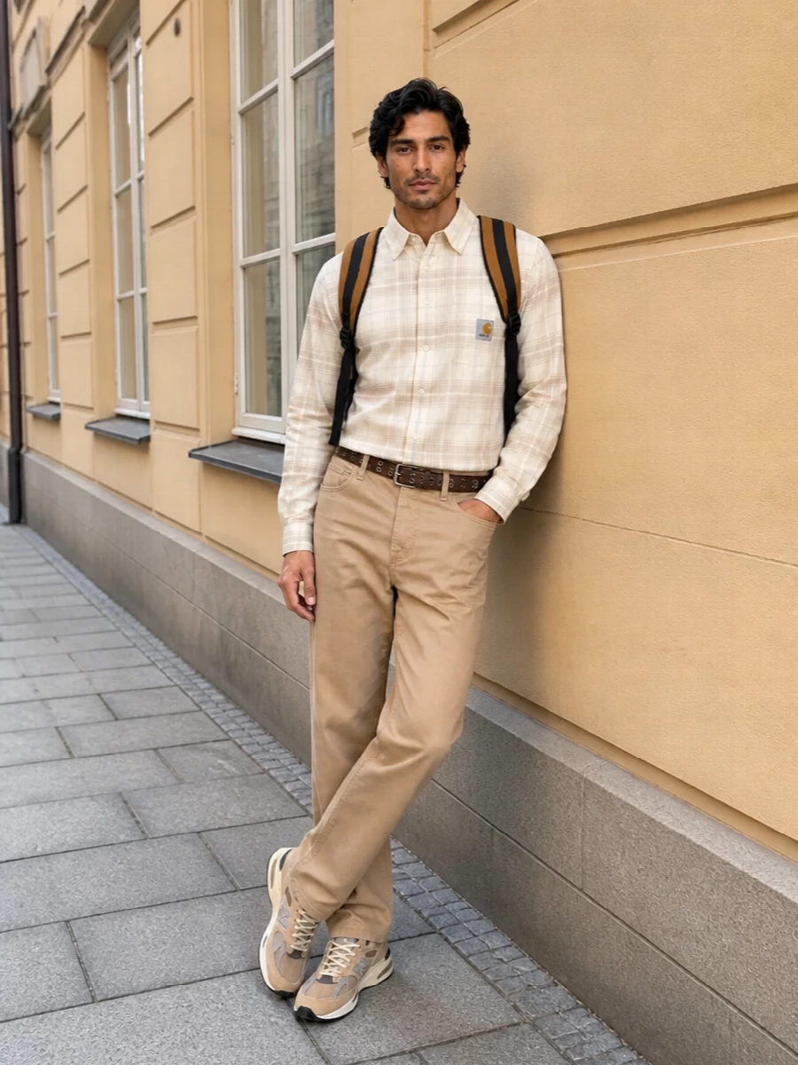 Carhartt sand pants cream plaid shirt new balance