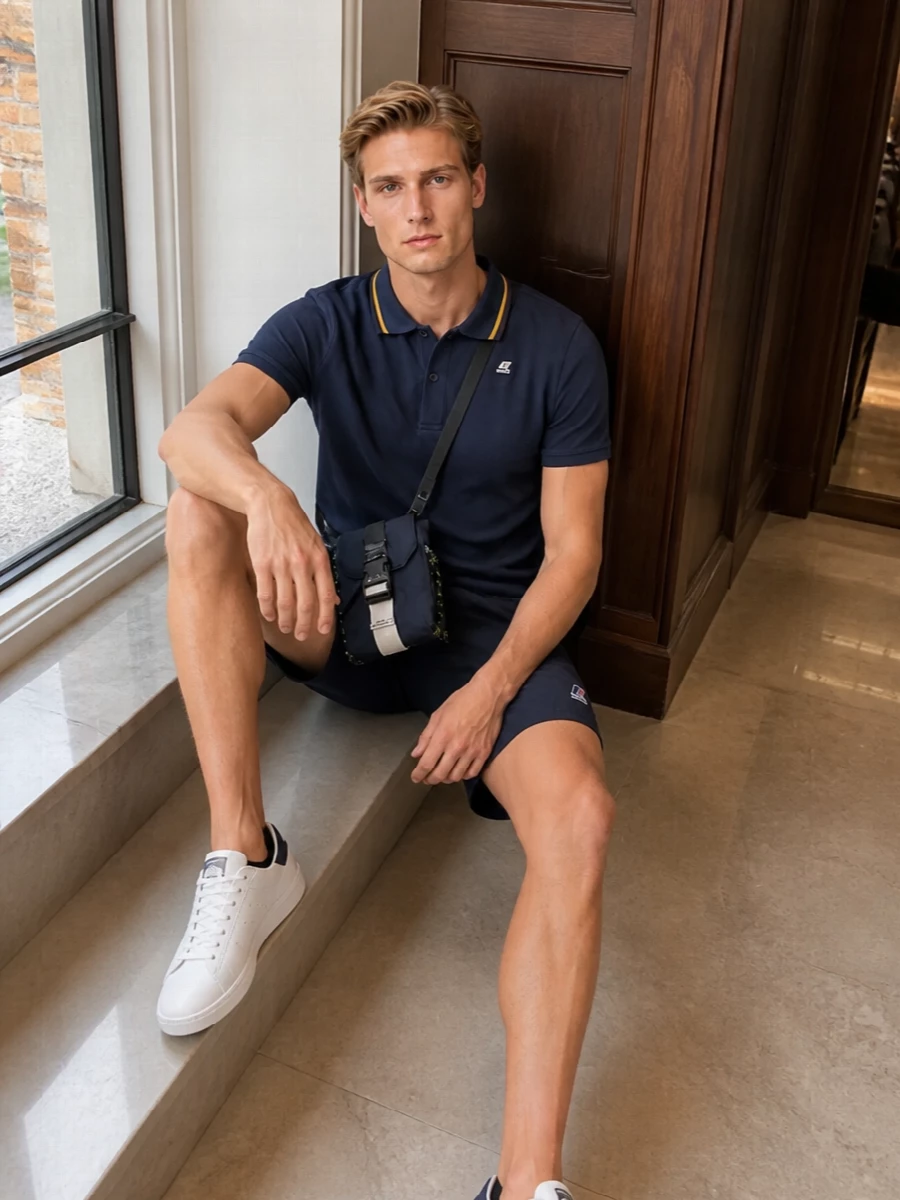 K way polo navy shorts adidas sneakers