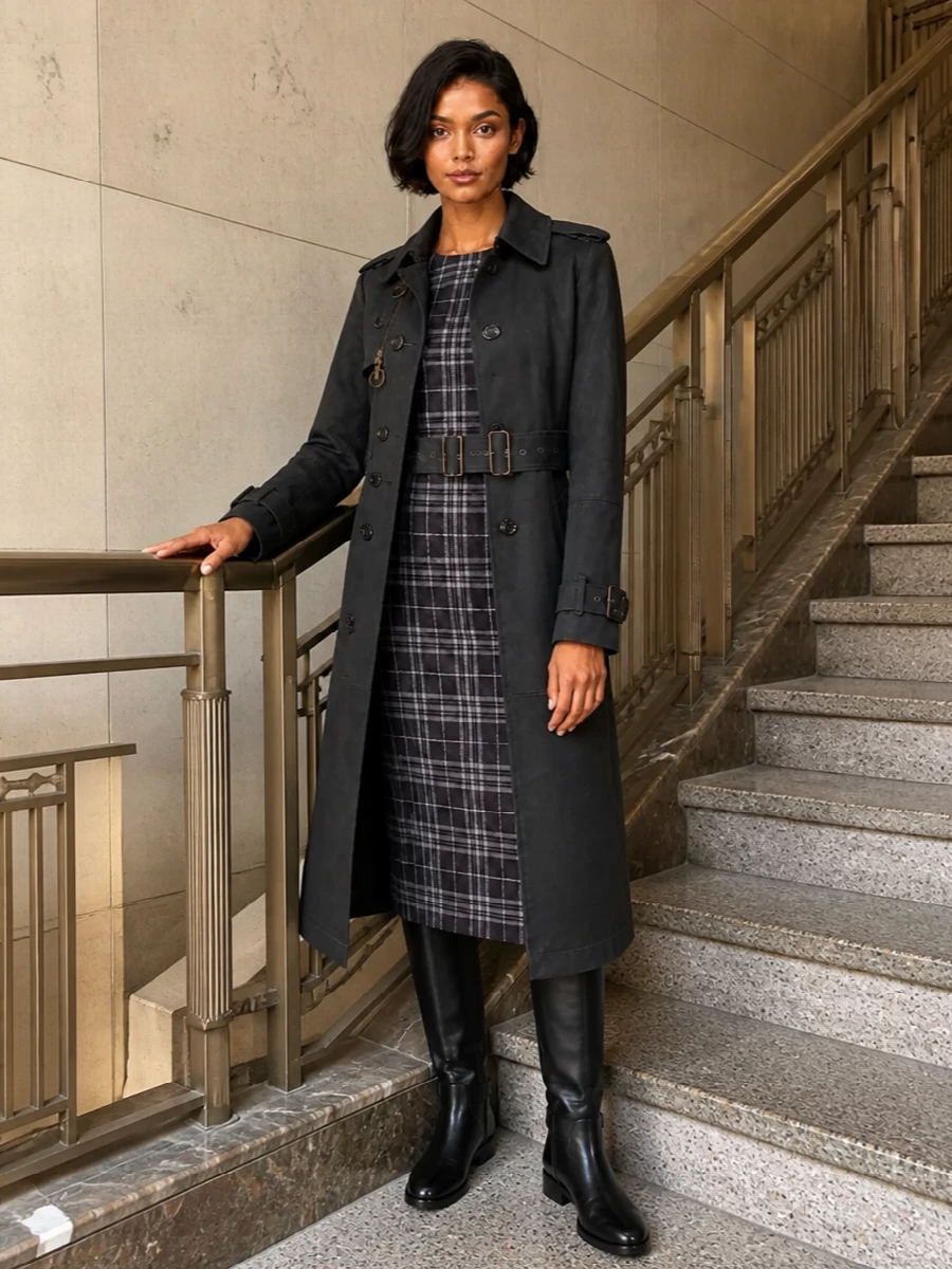 Burberry charcoal trench plaid midi dress outfit