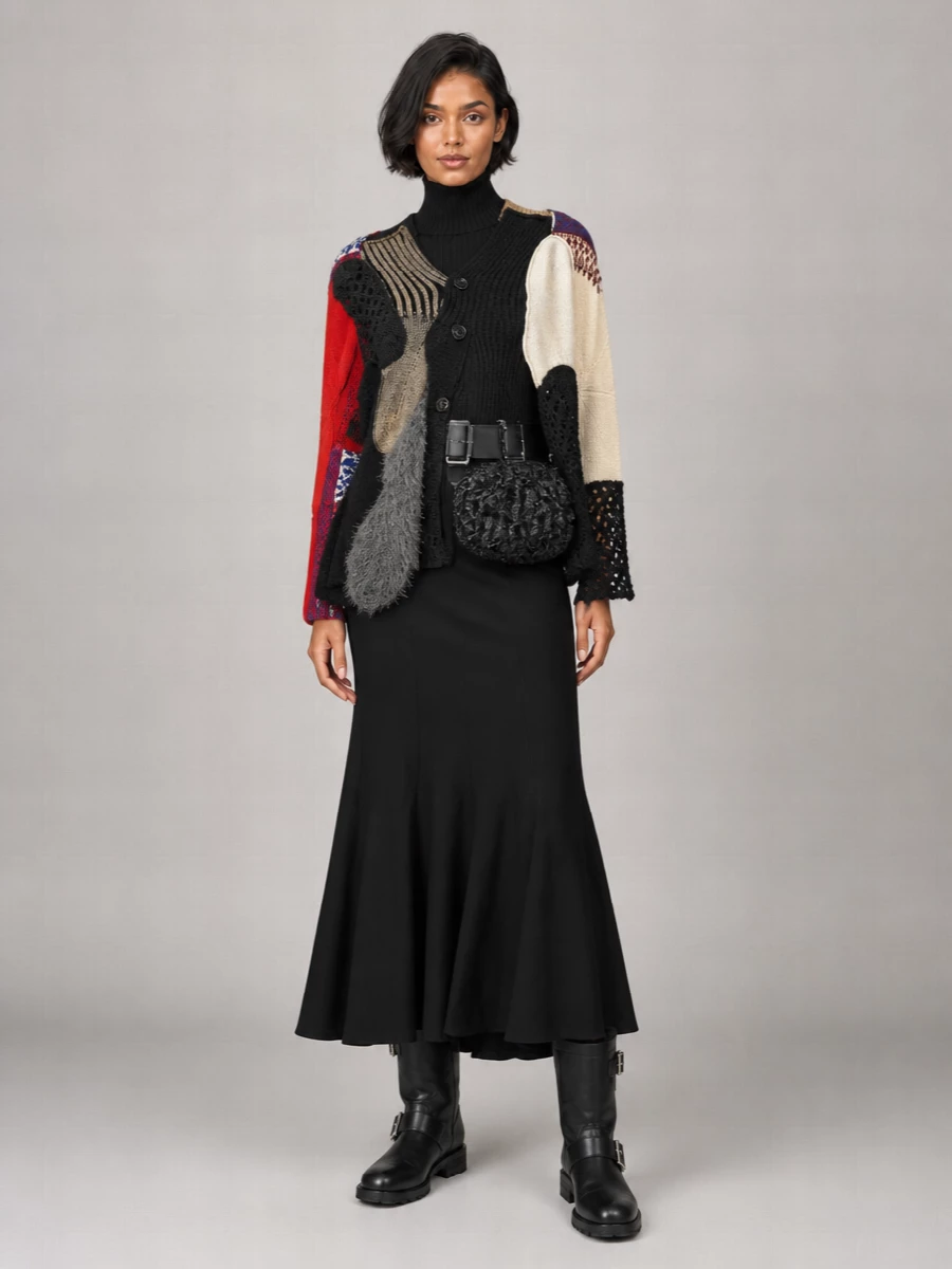 Junya Watanabe wool patchwork asymmetric studded cardigan