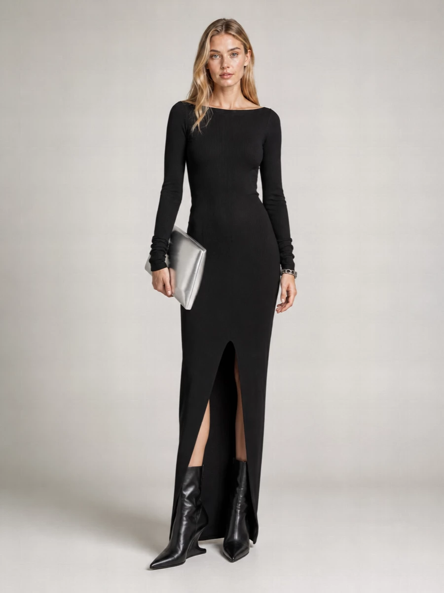 Rick Owens ribbed knit boat neck long-sleeve maxi dress