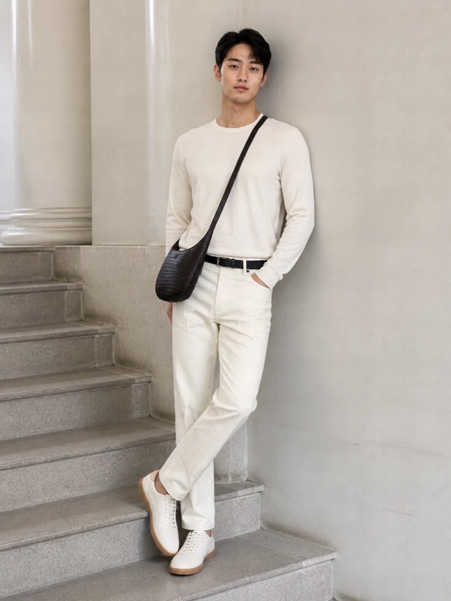 Zegna ivory trousers cream sneakers outfit