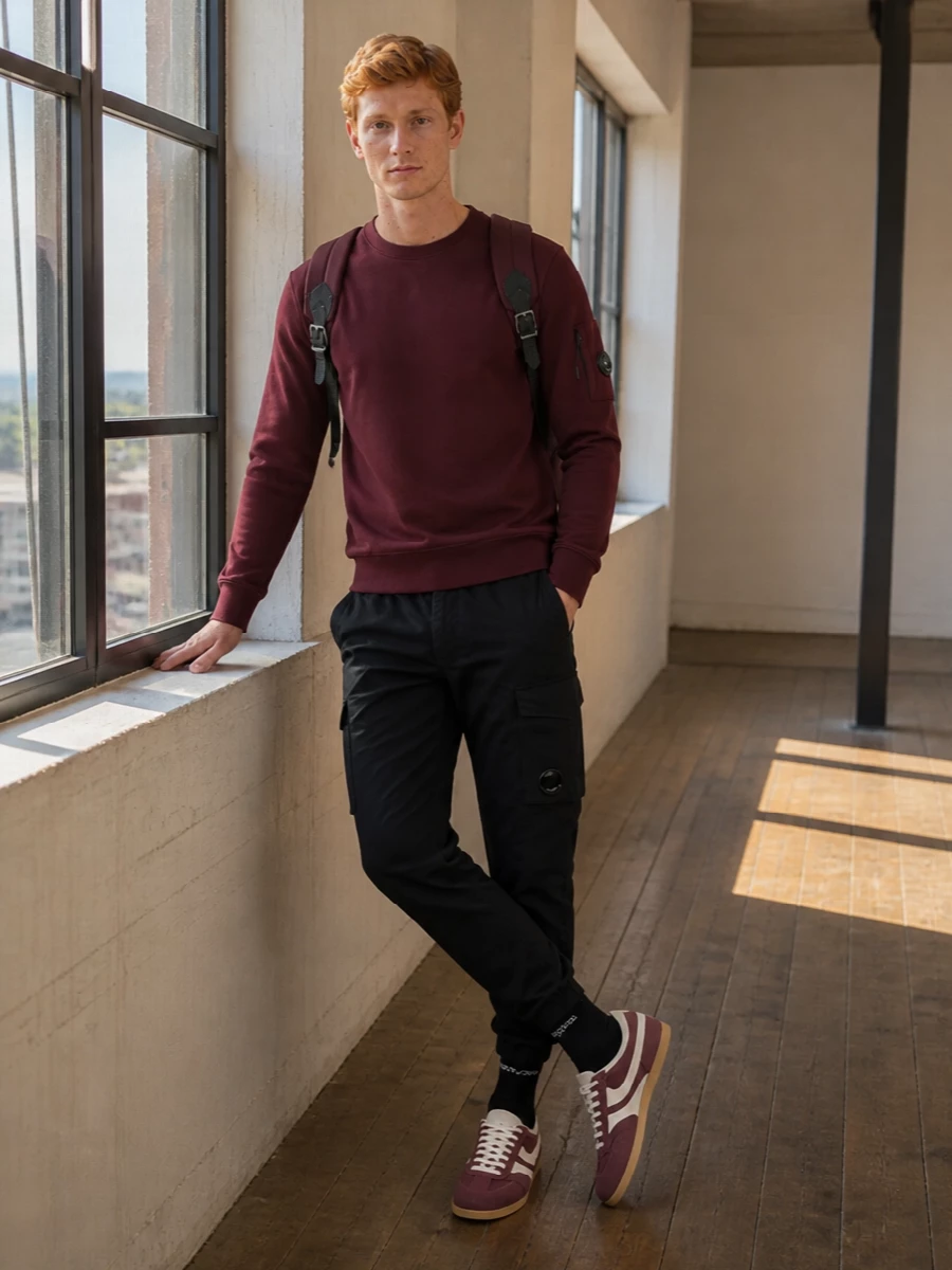 Cp company burgundy sweatshirt black cargo pants