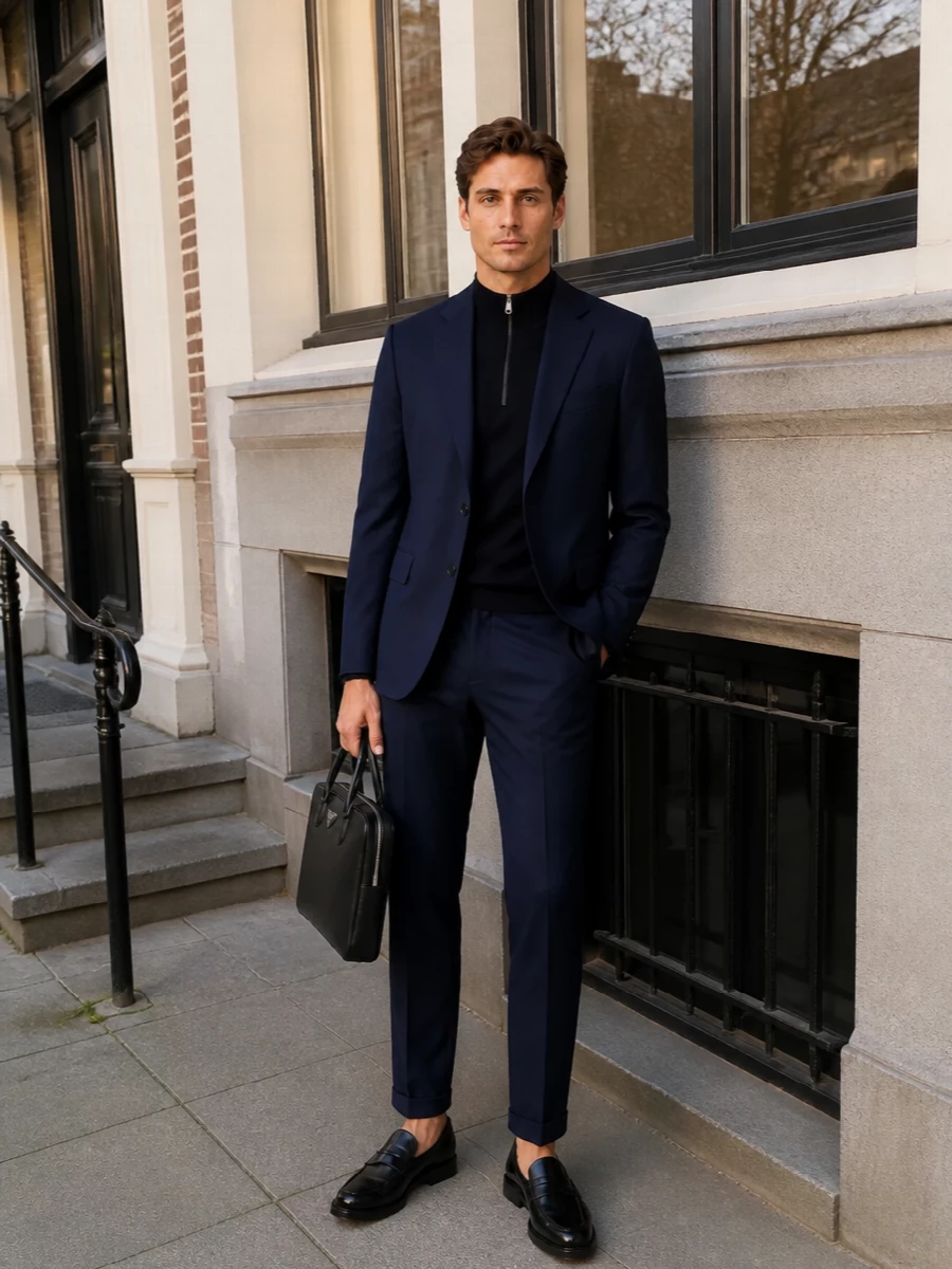 Paul smith navy suit half zip prada briefcase