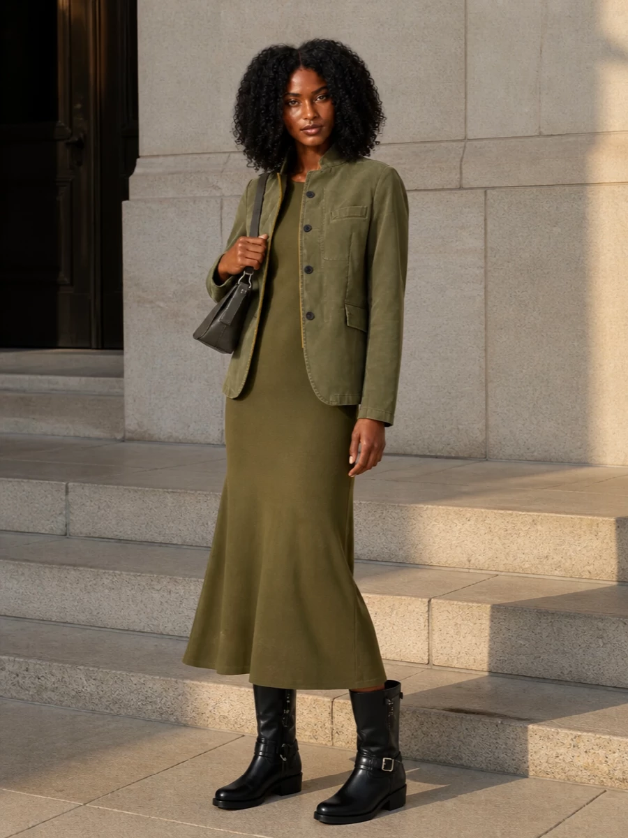 Fendi olive midi dress military jacket outfit