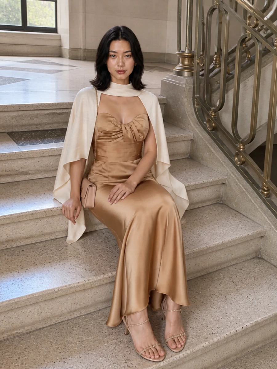 A statuesque camel satin gown is framed with nude-blush crystal sandals and a blush mini shoulder bag for a seamless, leg-lengthening column of warm neutrals. Subtle gold details at the ears and hardware keep the mood polished and romantic without distracting from the sculpted strapless bodice.