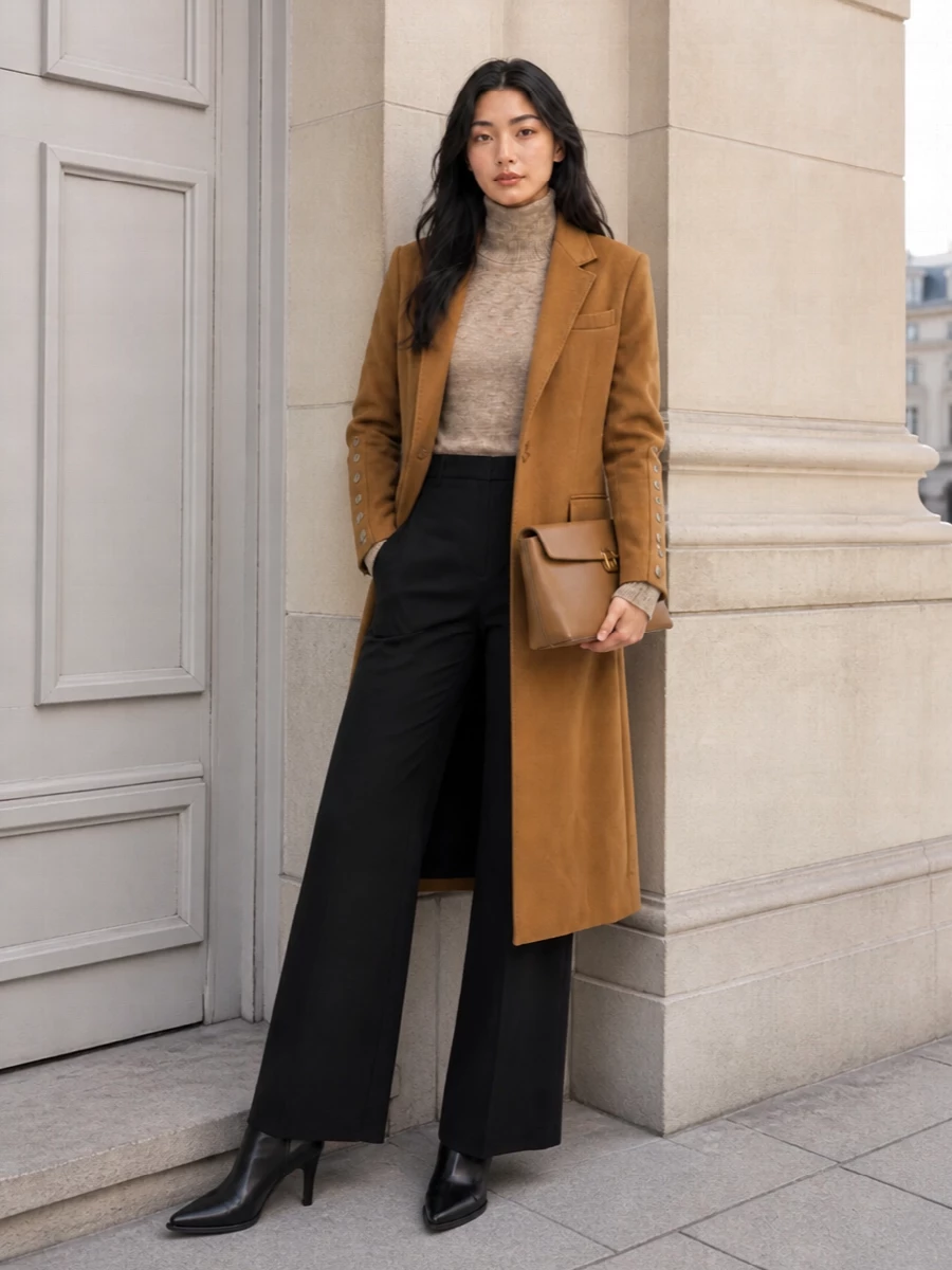 Isabel marant camel coat charcoal wide leg trousers