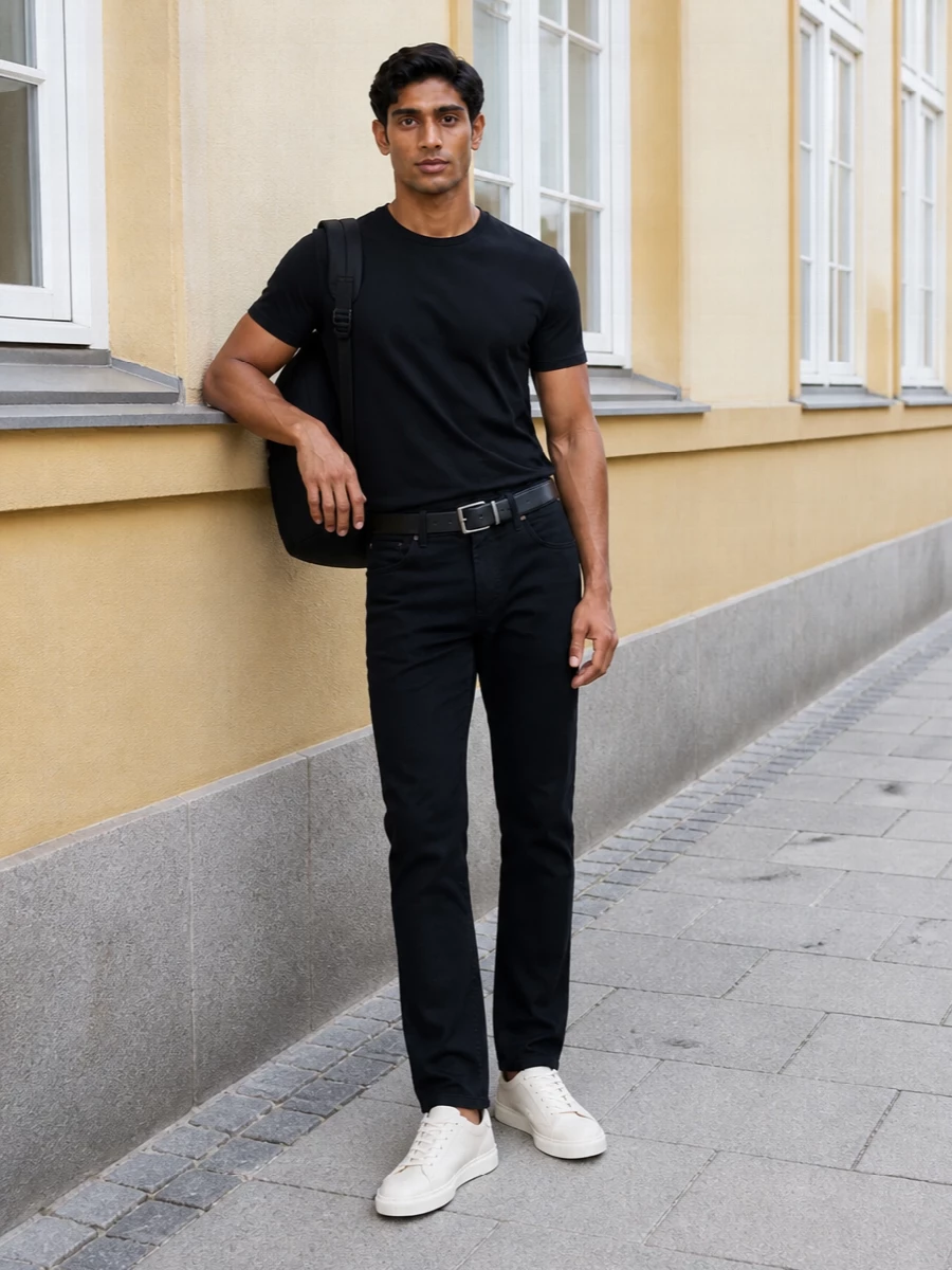Boss black tee dark trousers arigato sneakers