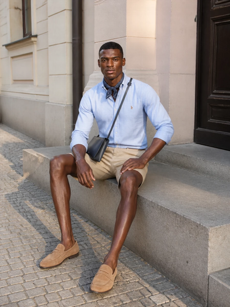 Pale blue stripes meet sun-washed stone chino shorts for a clean, preppy summer outfit that feels relaxed yet clearly intentional. Sand suede penny loafers keep the line refined, while the slim navy crossbody and tonal silk square quietly tie the blue story together. The result is warm-weather polish that moves easily from coastal lunches to city terraces.
