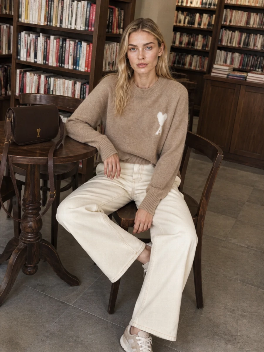 Ami paris camel sweater cream wide leg jeans