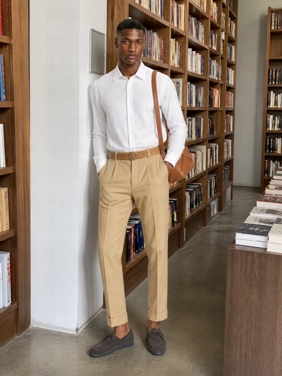 Jil sander camel trousers white shirt loafers