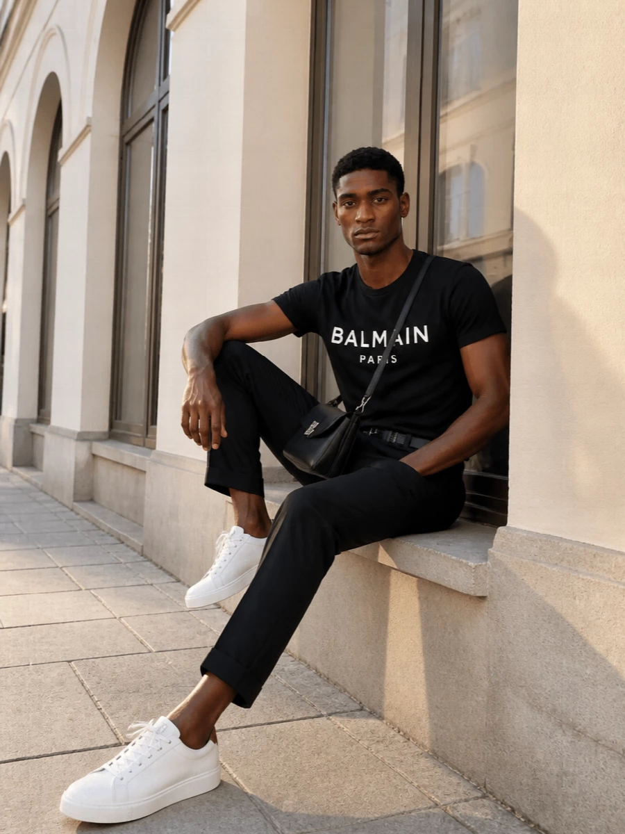 Balmain logo tee black trousers white sneakers