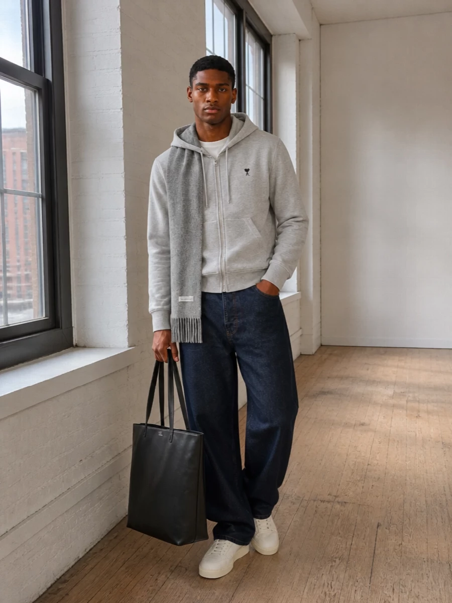 Ami hoodie wide leg jeans amiri sneakers