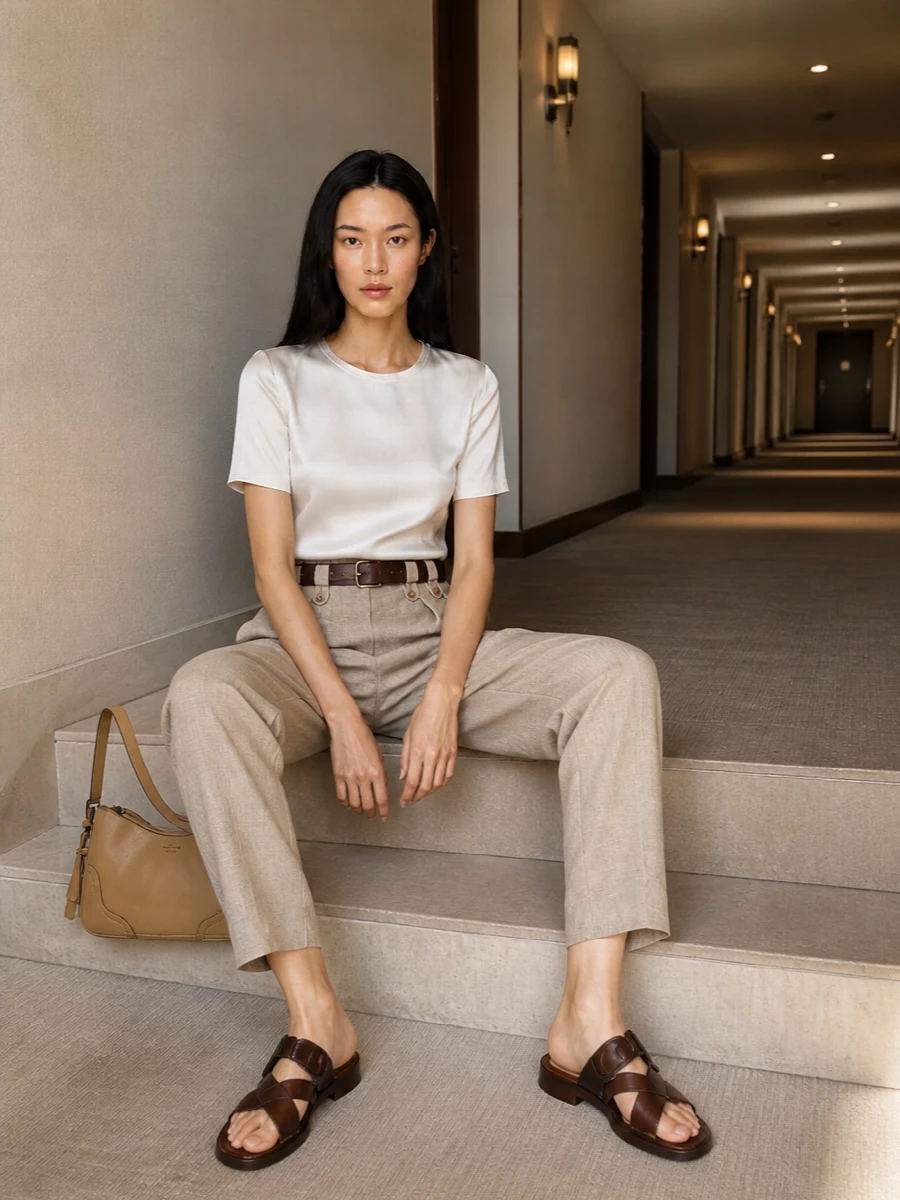 Emporio armani beige trousers satin top outfit