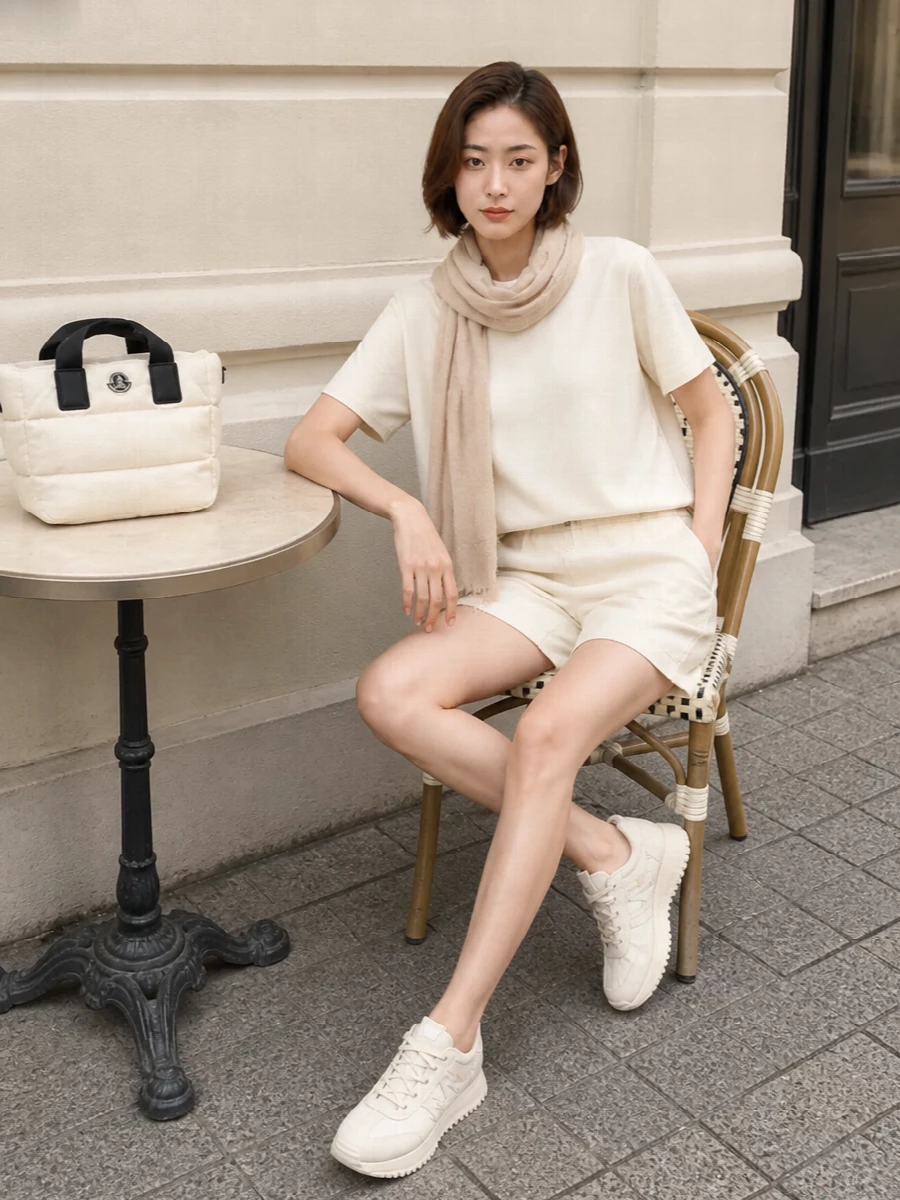 Moncler ivory shorts outfit cream runners
