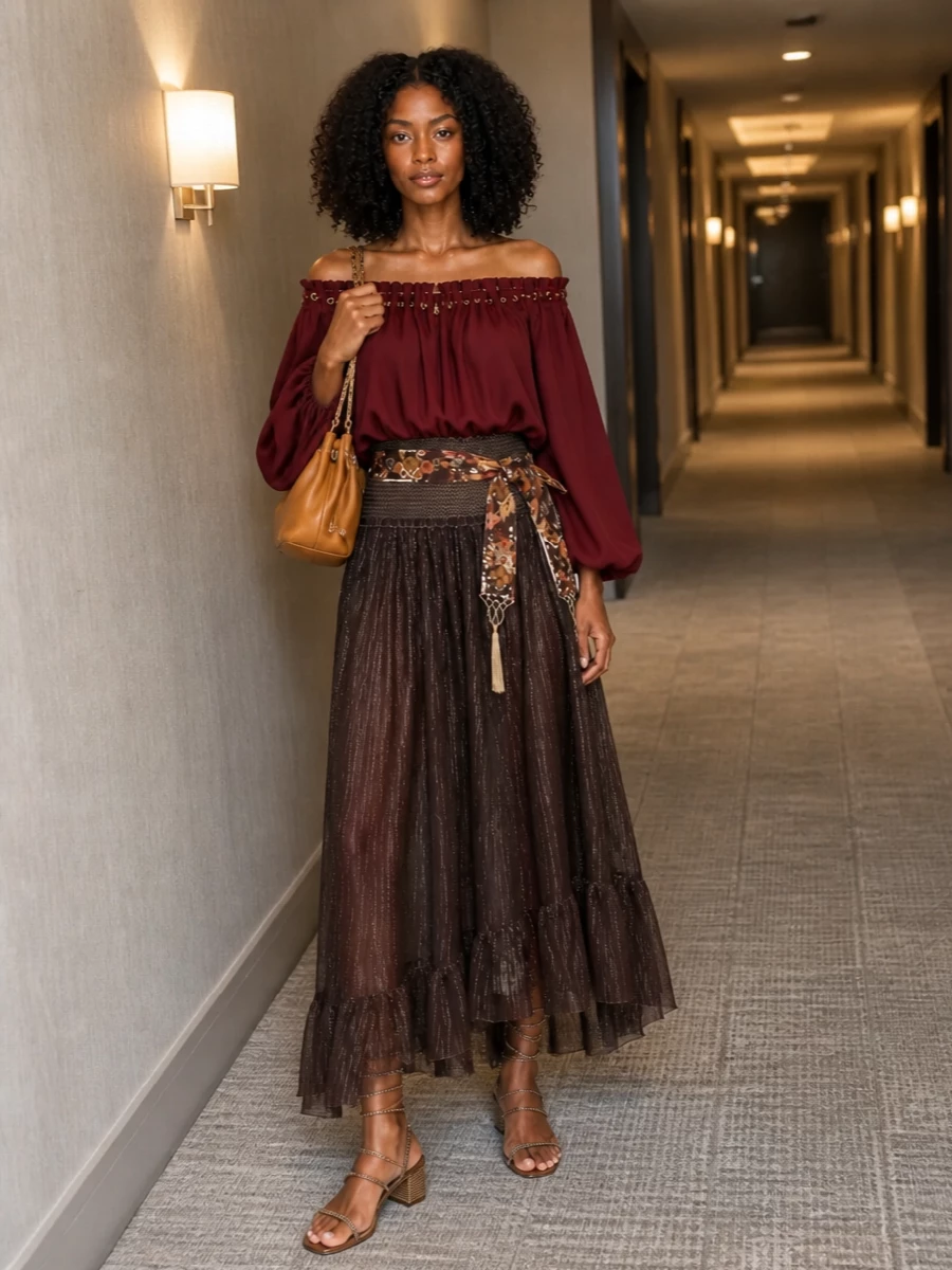 Zimmermann maxi skirt wine blouse bronze heels