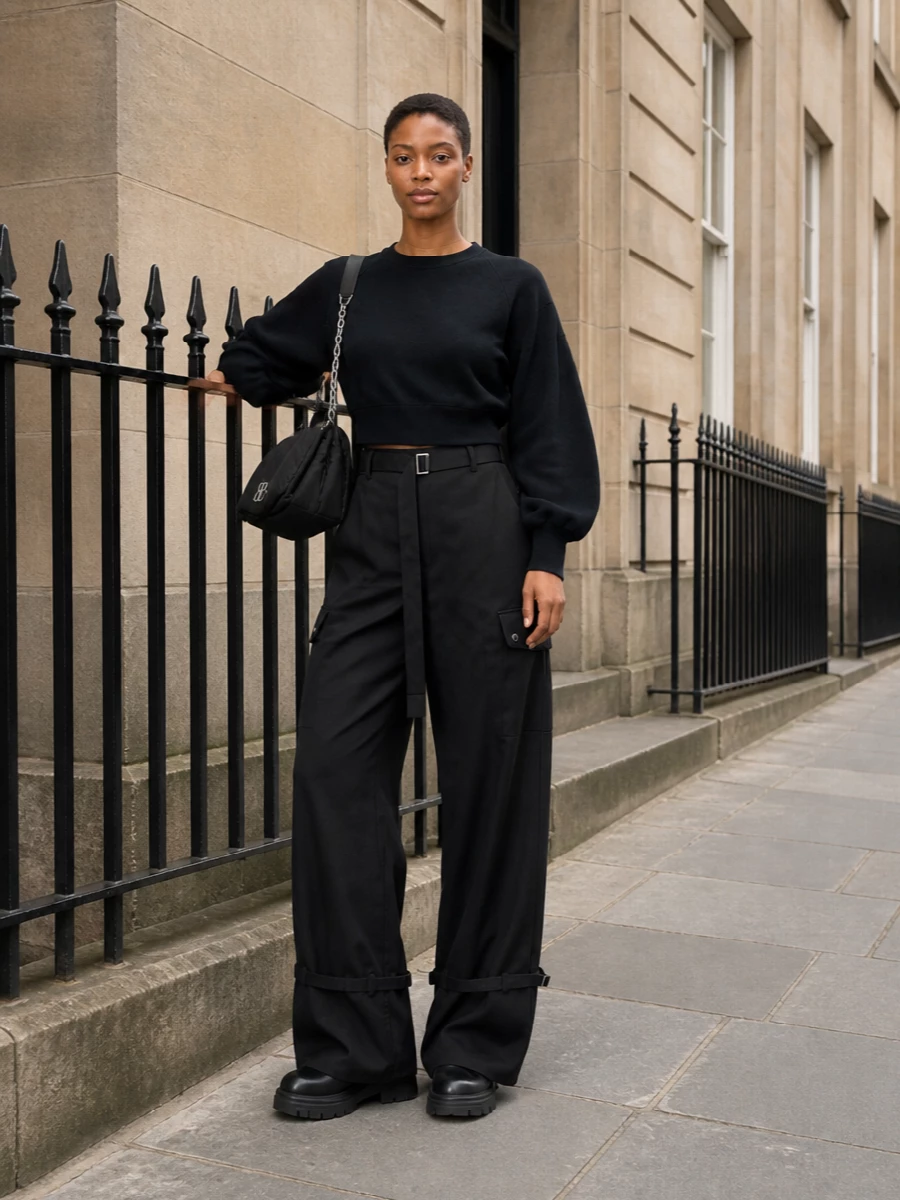 Sacai navy sweatshirt black wide leg cargo boots