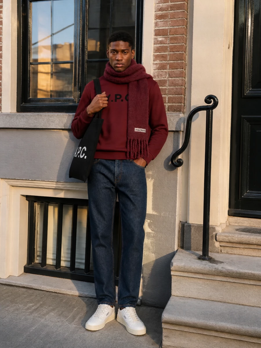 Deep burgundy, inky denim and crisp white details land in that sweet spot between streetwear and preppy. The straight-leg jean keeps the proportions classic, while the burgundy-accented sneakers and tote make the logo moment feel intentional rather than loud. Wrap the mohair scarf on colder days to lean fully into rich autumn colour without losing the clean A.P.C. attitude.