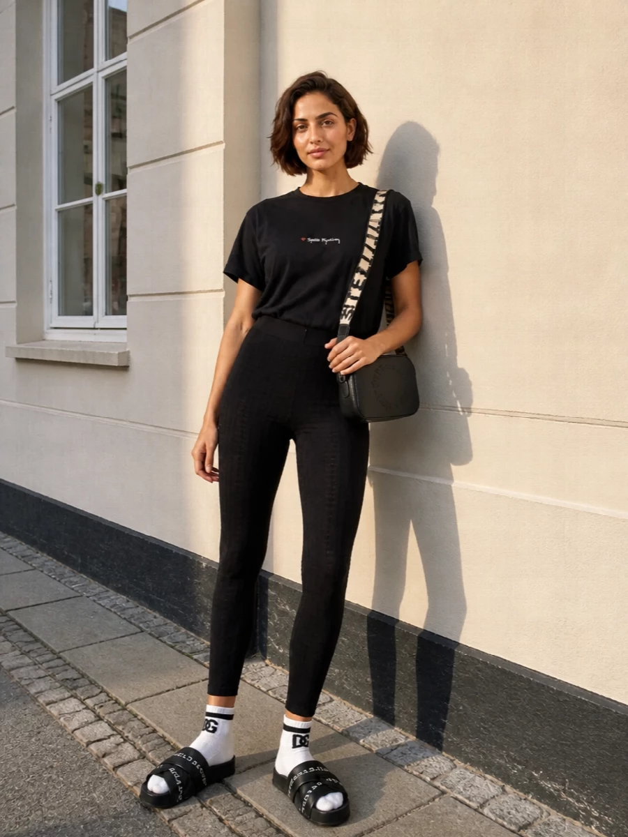 Stella mccartney tee black leggings platform slides
