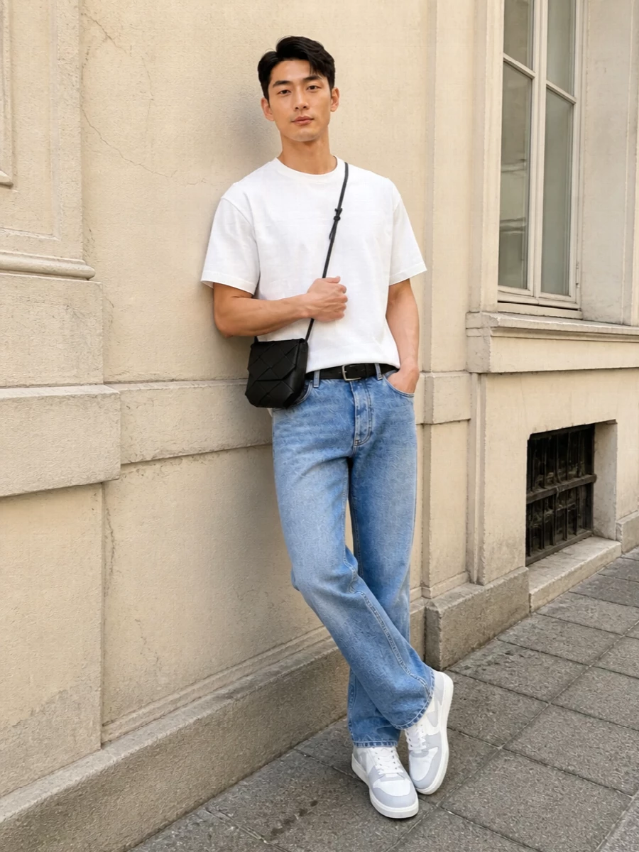A boxy white Off-White tee sits over light-wash straight denim for a clean, SS-ready take on streetwear that feels relaxed but intentional. Optic white and grey low-top sneakers keep the palette fresh, while a slim black leather crossbody and discreet belt introduce a touch of quiet luxury without disturbing the easy, minimal lines. It’s an everyday uniform that lets the proportions and fabric do the talking rather than any loud branding.