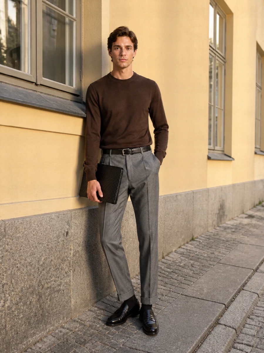 Pt torino grey trousers brown knit black loafers