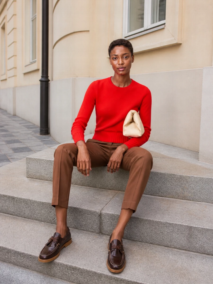 A bright red crew knit is pared back with tailored chestnut trousers for a clean, quietly confident take on colour. Dark brown loafers keep the mood polished but relaxed, while a soft beige shoulder bag lightens everything for daytime. It feels considered enough for the office yet easy for off-duty city days.