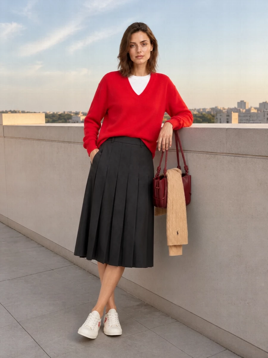 Dunst red v neck jumper charcoal pleated midi