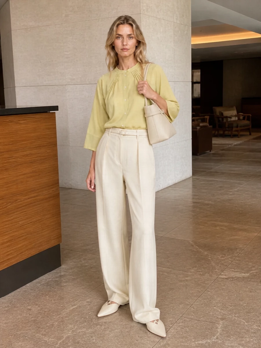 Pale mustard and soft beige sit together in a calm, tonal palette that feels modern but gentle on the eye. The high-rise wide-leg trouser and sculptural flats lengthen the line under the boxy top, while the buttercream belt and structured shoulder bag add just enough definition to keep the volume precise and intentional.