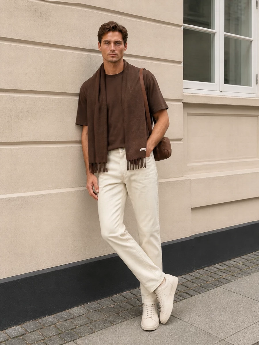 Ami paris brown tee cream jeans outfit