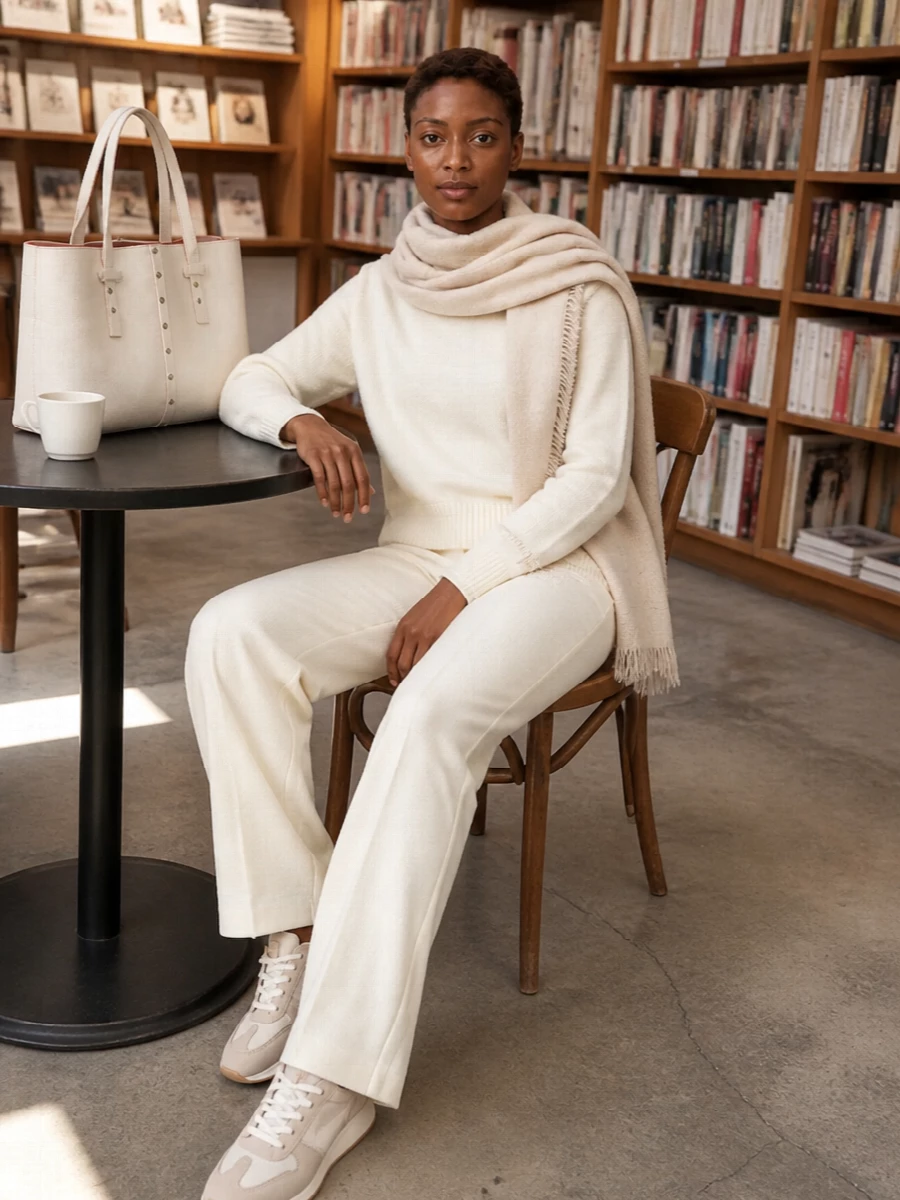 A softly tailored ivory knit paired with clean straight-leg trousers creates a tonal column that feels serene yet considered for city days. Light-beige sneakers and a structured ivory tote keep the mood relaxed but polished, while an oatmeal wrap introduces just enough texture to underline the quiet luxury of the palette. The result is an all-neutral ensemble that moves easily from coffee run to casual lunch without ever feeling overdone.