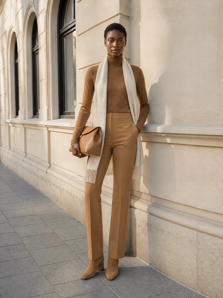 A camel-on-camel column, anchored by long tailored trousers, turns the fine turtleneck into a quietly confident uniform. Tonal suede boots keep the line clean, while the structured camel shoulder bag and ivory scarf add subtle contrast and structure without disturbing the calm palette.