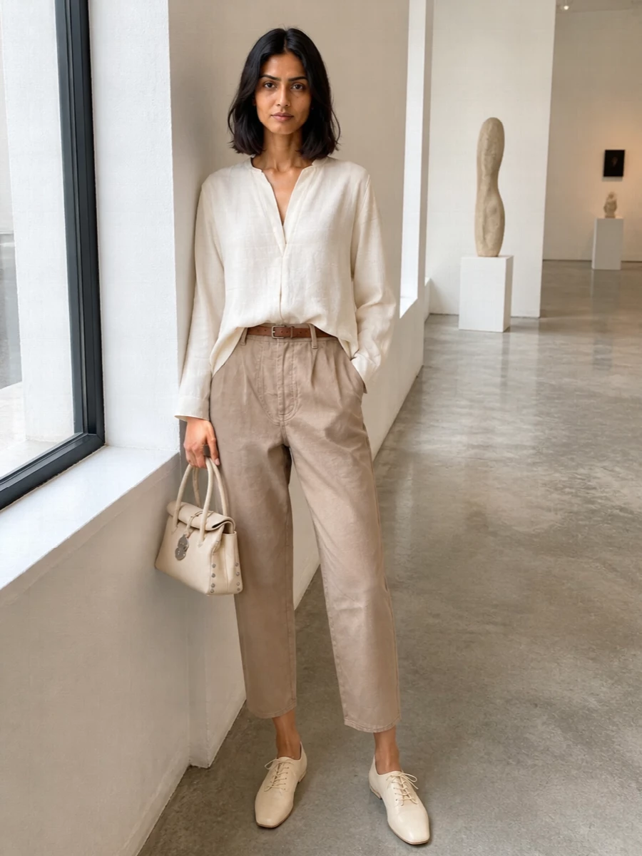 Studio nicholson beige barrel trousers outfit