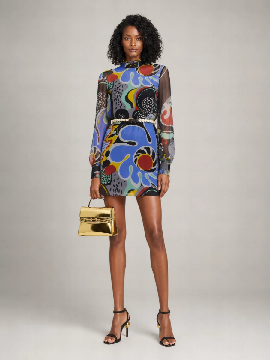 Moschino Silk Psychedelic Printed Ruffled High-Neck Mini Dress