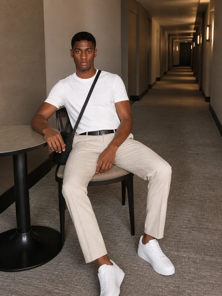 Hugo white tee beige trousers white sneakers