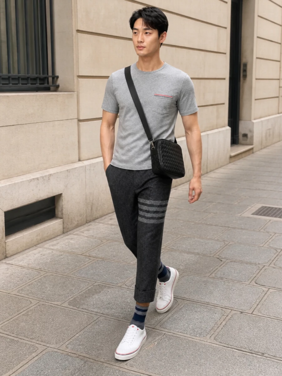 Thom browne grey tee cropped trousers outfit