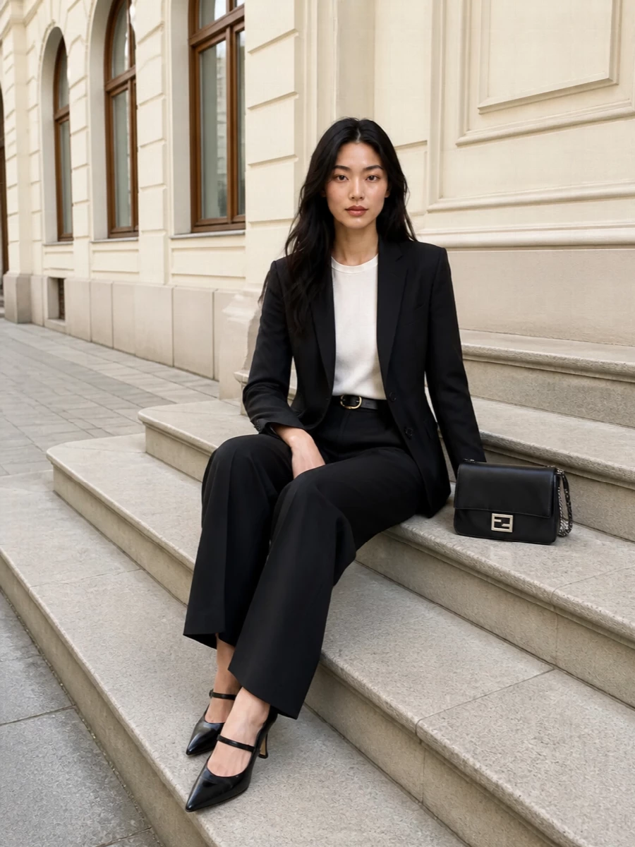 Fendi black blazer wide leg trousers outfit
