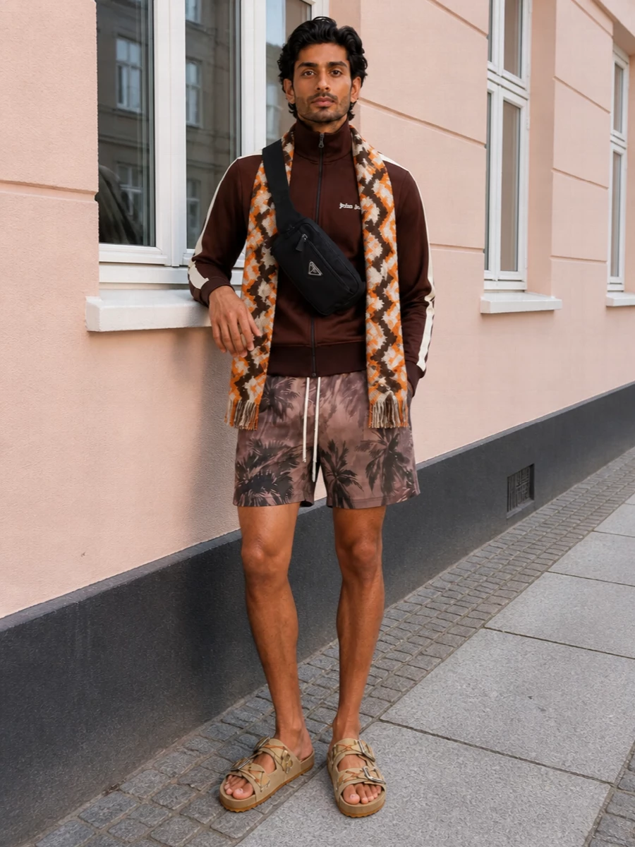 Palm angels brown swim shorts outfit slides