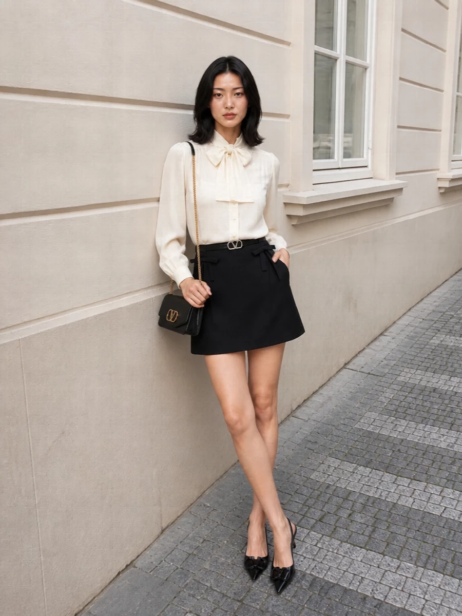 Valentino bow mini skirt ivory blouse outfit