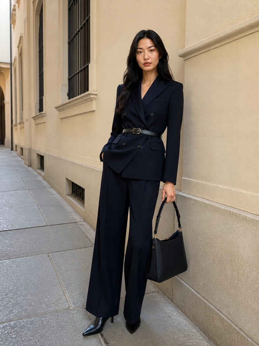 Tagliatore navy blazer wide leg trousers outfit