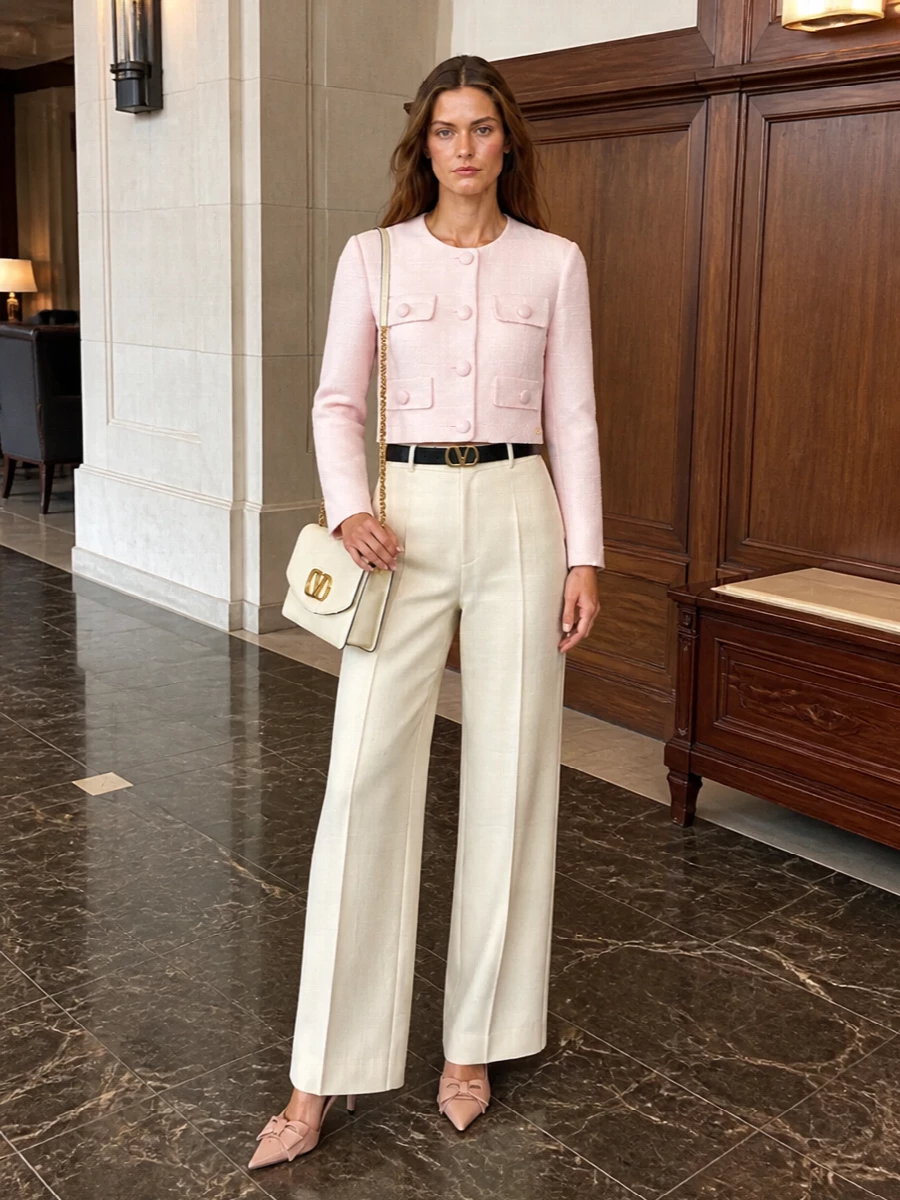 Valentino blush tweed jacket cream wide leg trousers