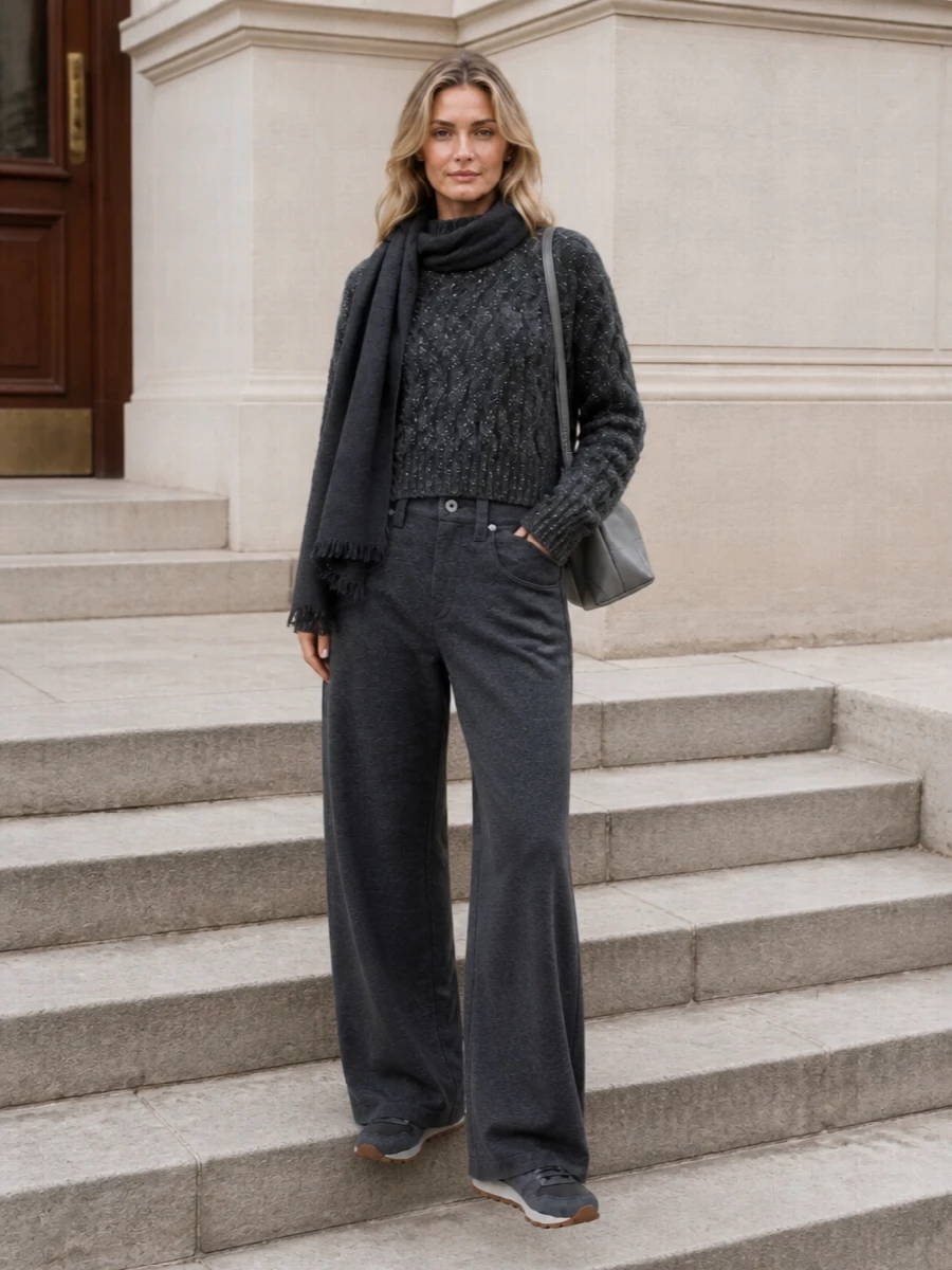Brunello cucinelli charcoal sweater wide leg trousers